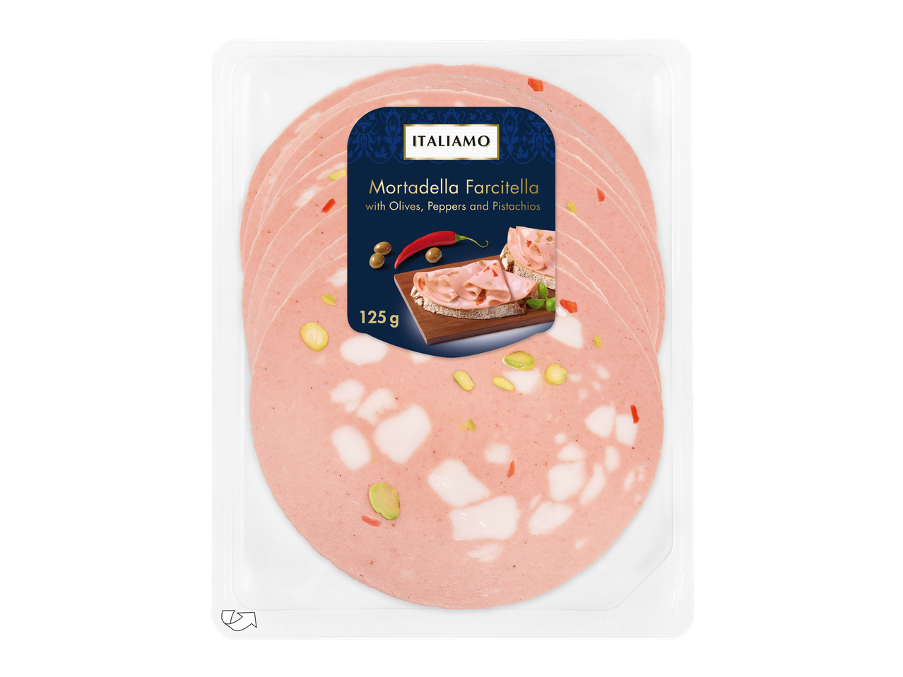 ITALIAMO Mortadella Farcitalla riekelės su alyvuogėmis, paprikais ir pistacijomis.