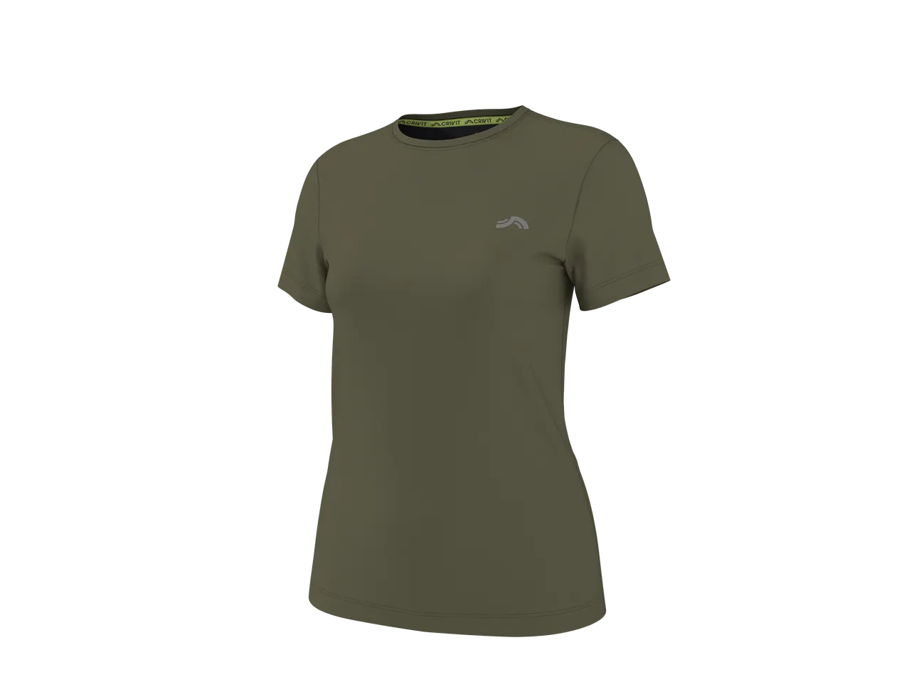 T-shirt de sport vert olive pour femme avec un petit logo sur la poitrine.