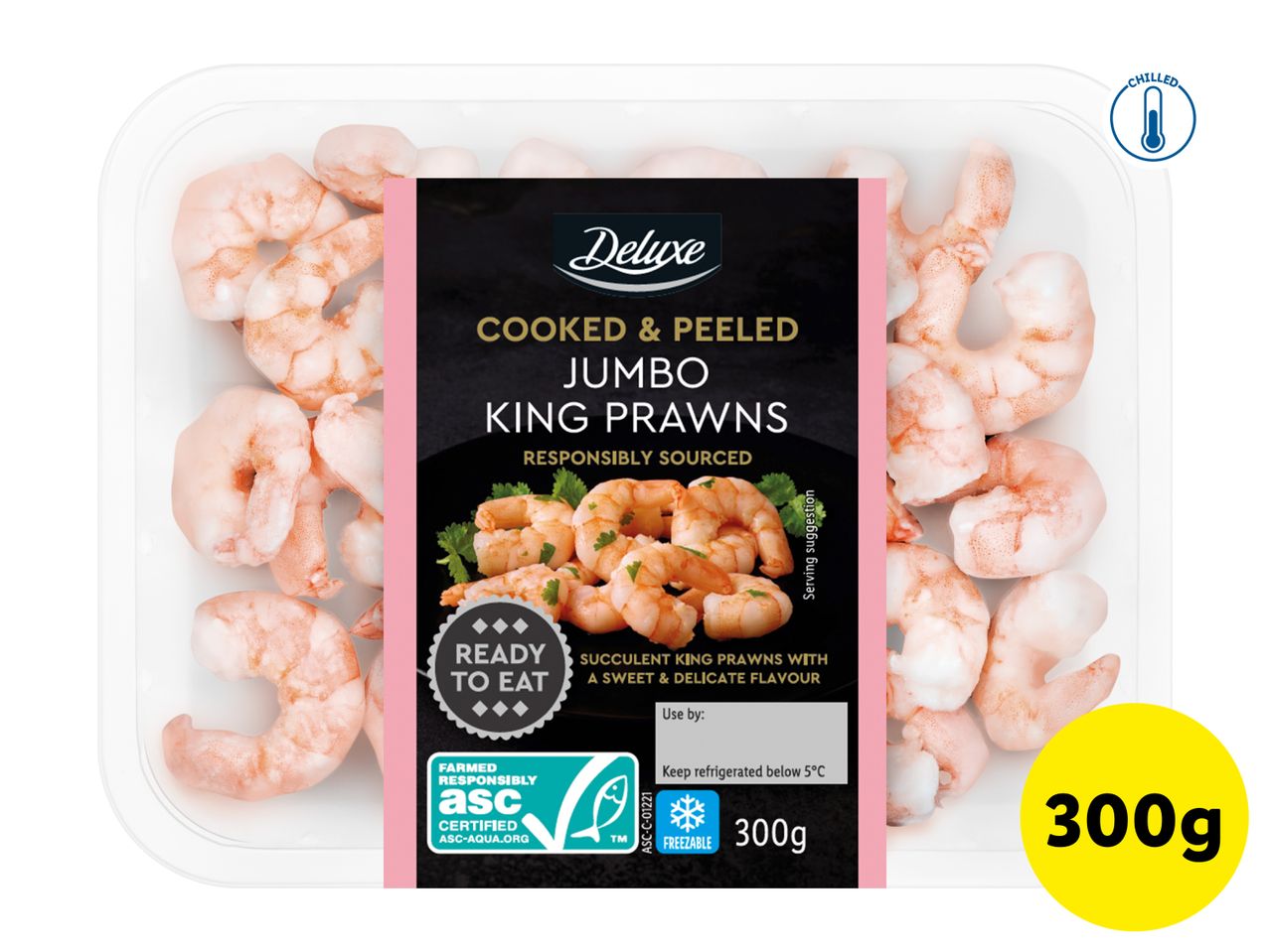 Chilled cooked and peeled jumbo king prawns, 300g, ready to eat.