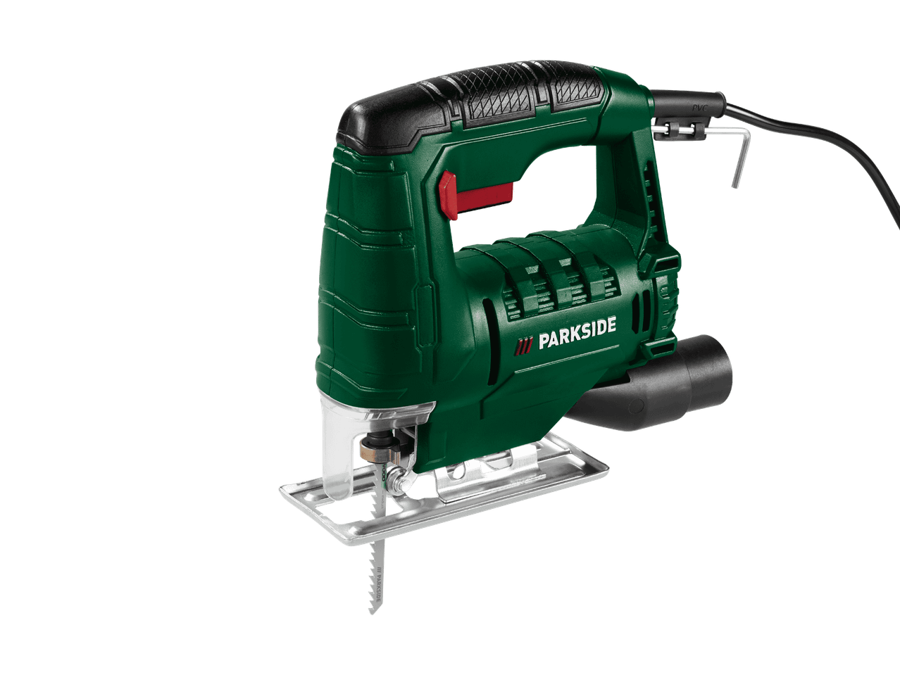 Seghetto alternativo elettrico verde e nero con lama per legno, cavo di alimentazione e chiave esagonale.