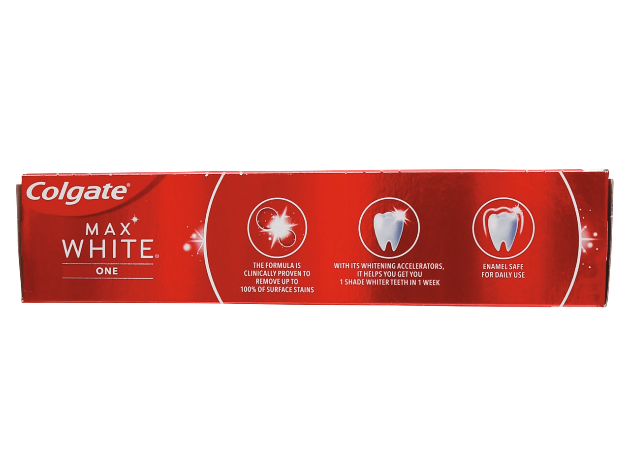 Colgate Max White One toothpaste box highlighting whitening benefits.