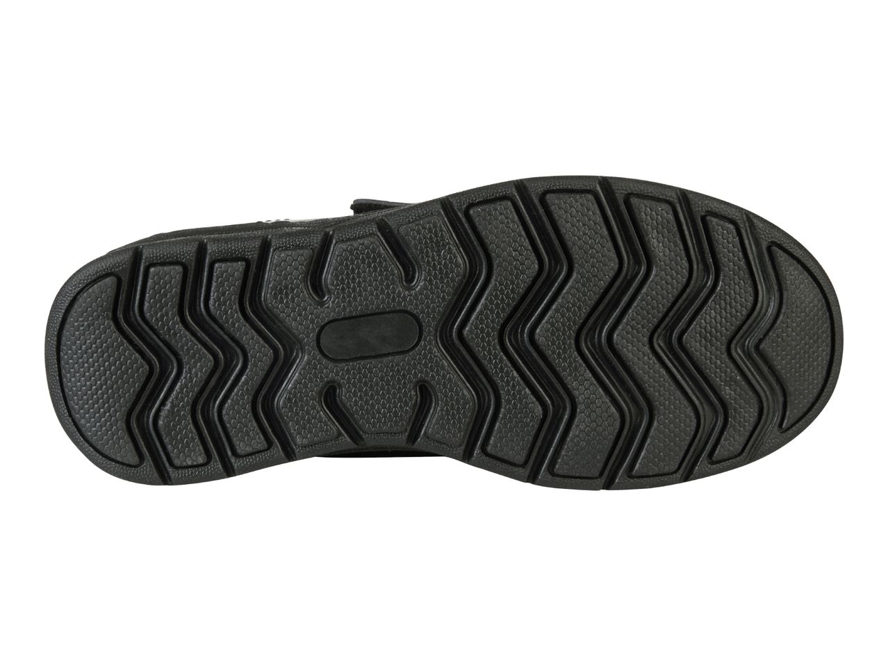 The bottom of a black shoe with a textured sole.
