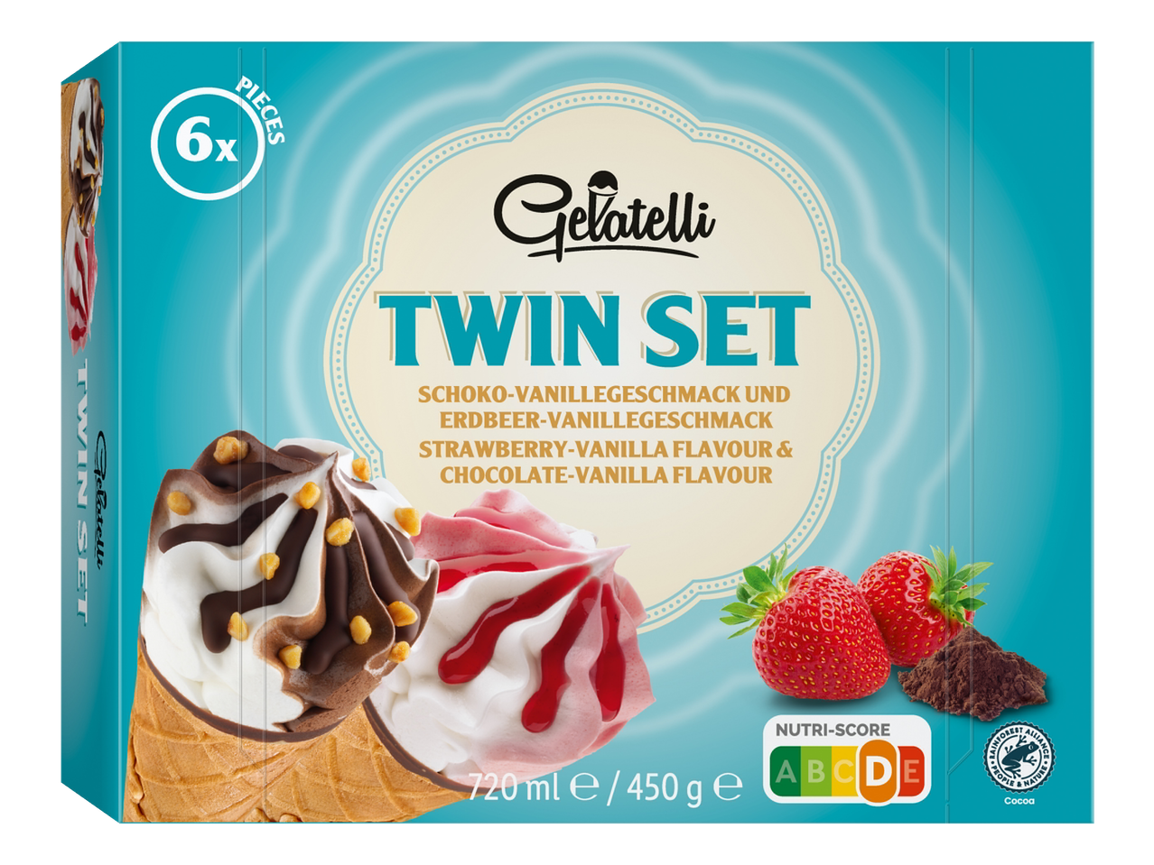 Embalagem de sorvete Gelatelli Twin Set com sabores de chocolate-baunilha e morango-baunilha.