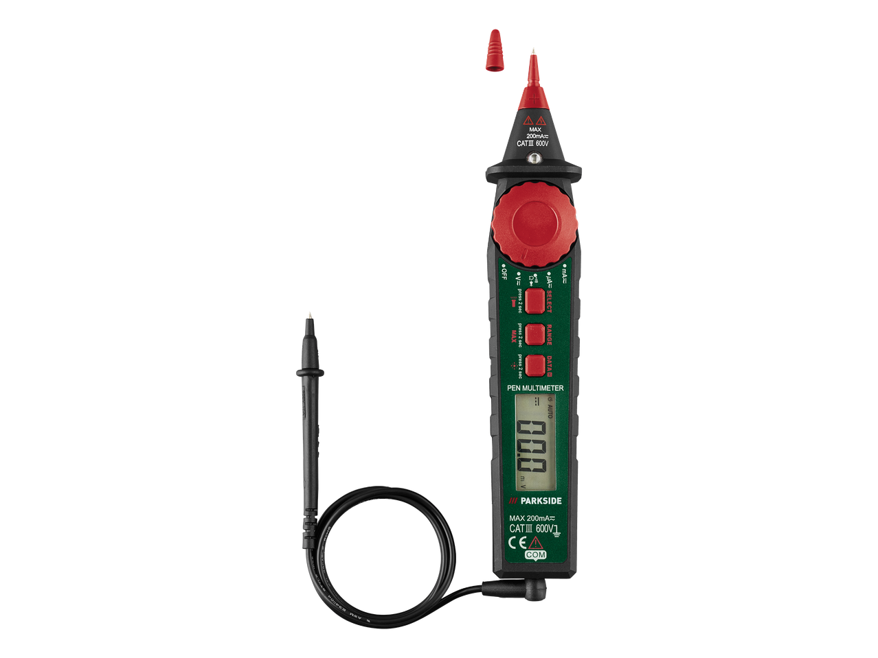 Pen multimetar s crvenim gumbima i digitalnim zaslonom, prikazuje 00.0 mV.