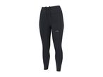 Black women's sports leggings with a high waist and drawstring, featuring a subtle logo on the left thigh.