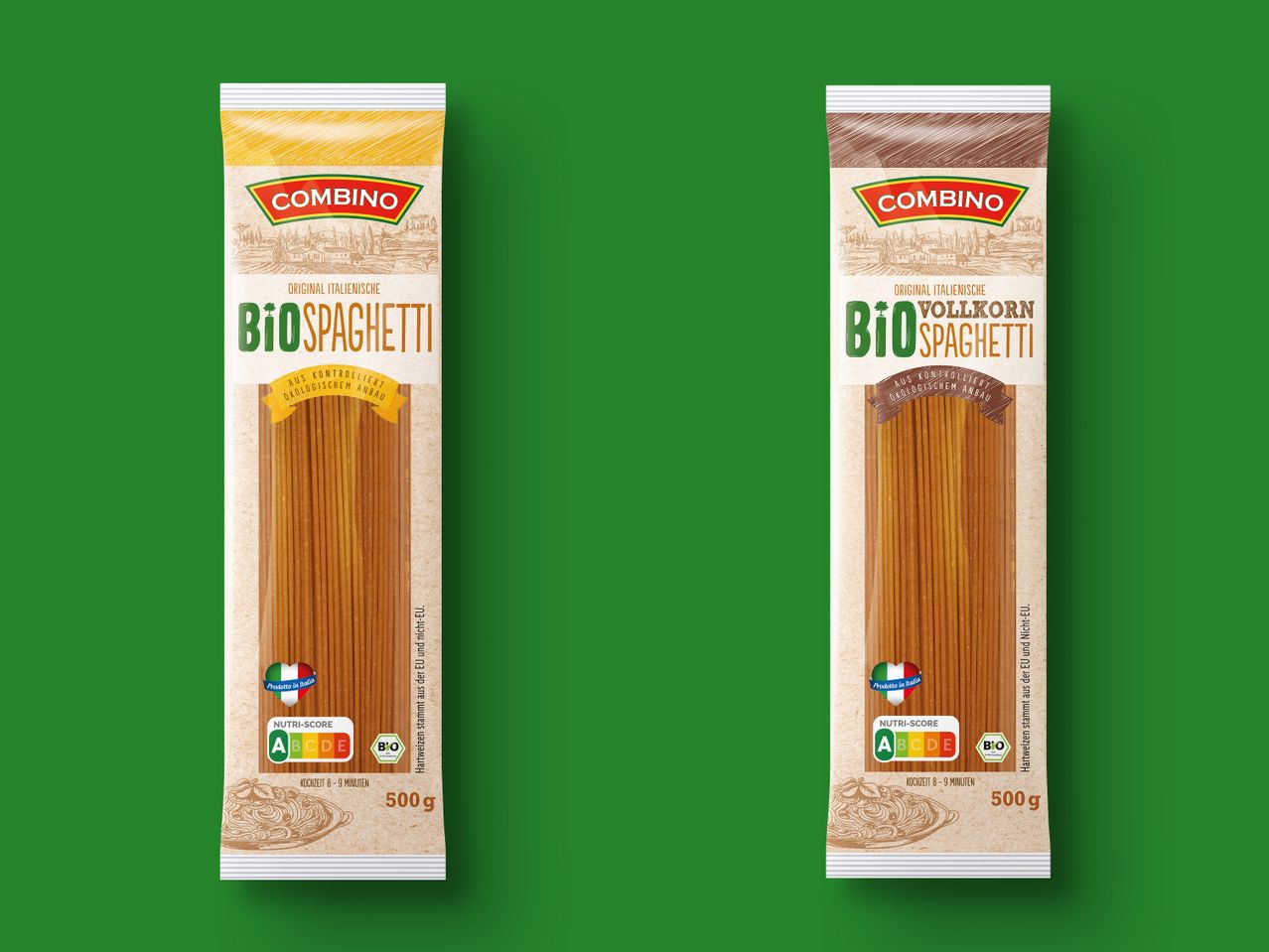 Combino Bio-Spaghetti und Vollkorn-Spaghetti Verpackung.