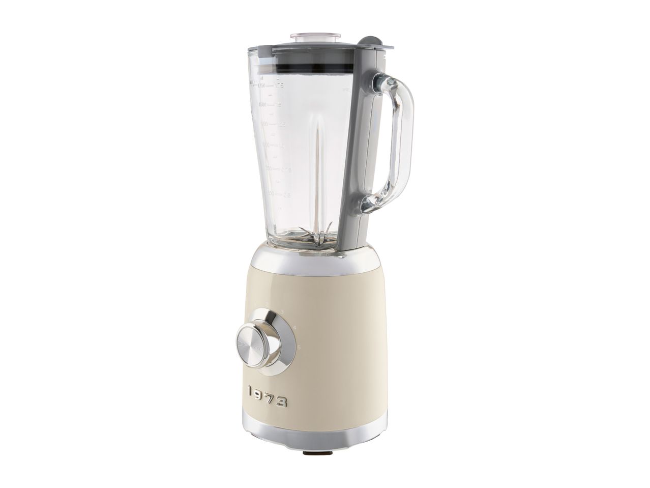 Retro-style cream blender with a glass jug and chrome details