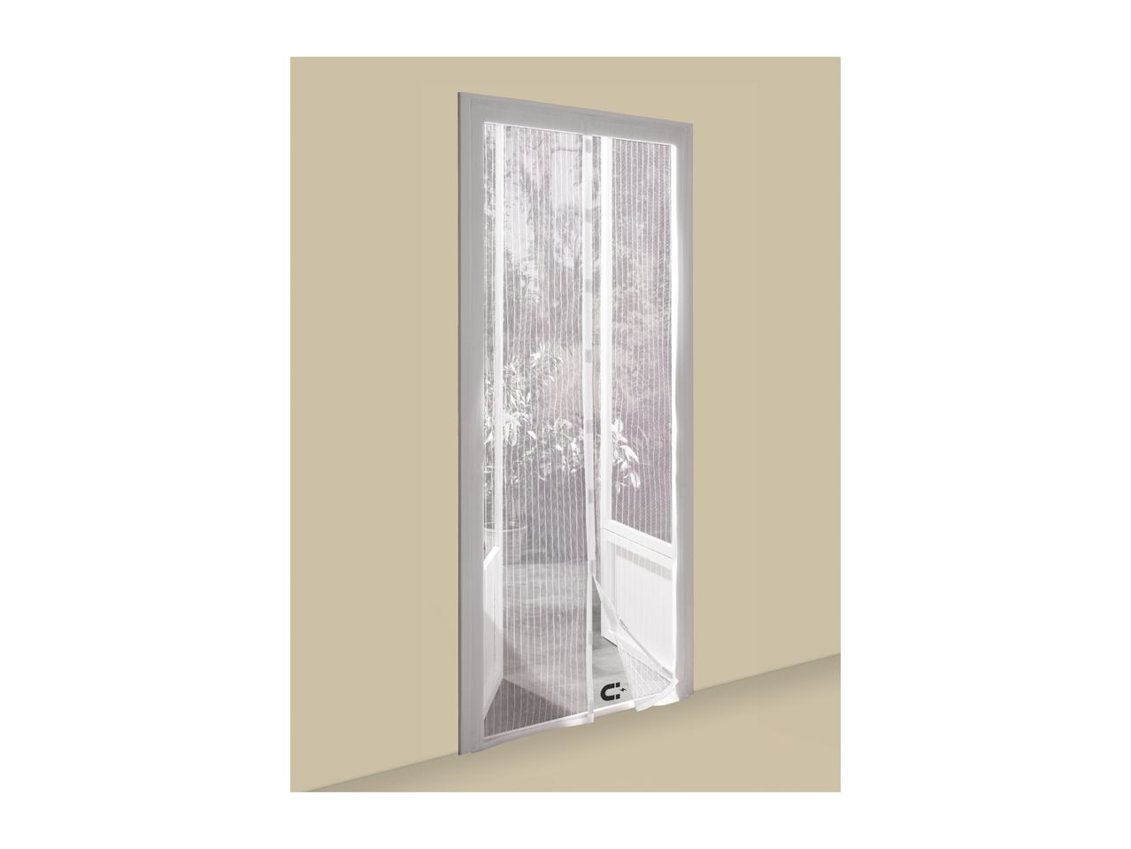 Magnetic insect screen for doors, installed in a doorway with a garden view.