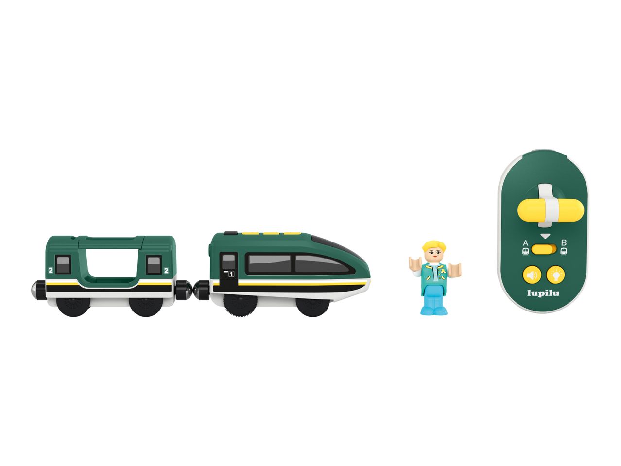 A green toy train with two cars, a small figure, and a green remote control.
