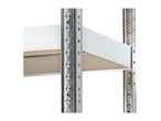 Close-up of a metal shelving unit with two shelves, showing the perforated uprights.