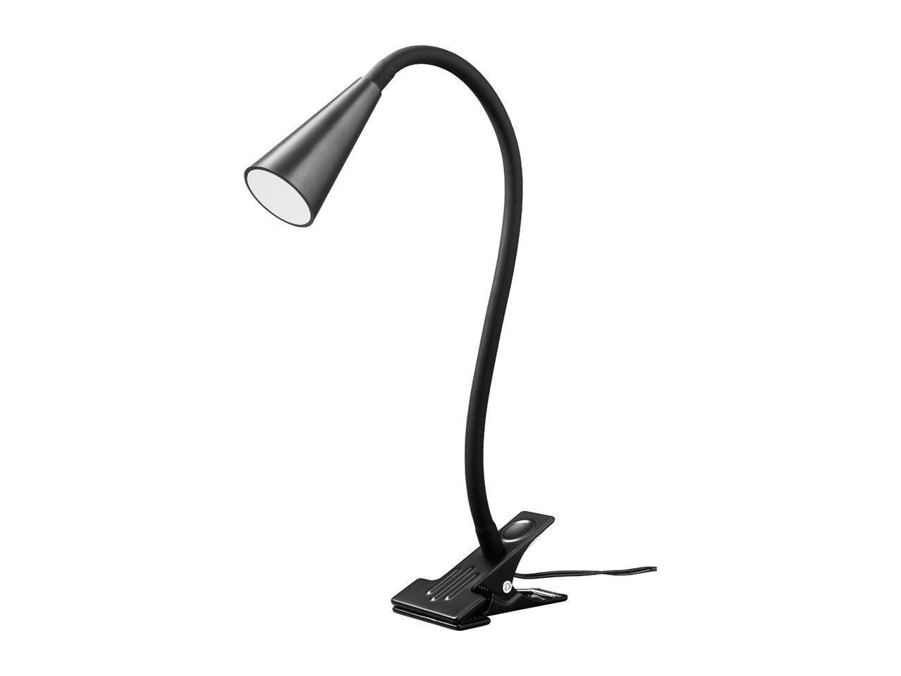 Black clip-on desk lamp with a flexible gooseneck and conical shade.