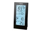 Digital weather station displaying time, date, outdoor and indoor temperature, and weather forecast.