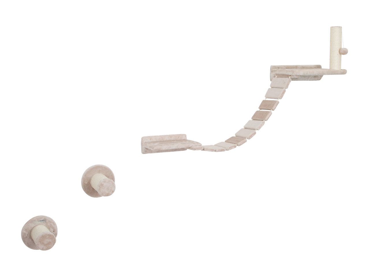 Stenska mačja polica s praskalnikom in visečo igračo, ter dvema stenskima praskalnikoma.