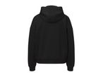 Back view of a plain black hoodie with a hood and ribbed cuffs and hem.