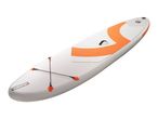White and orange inflatable stand-up paddleboard with bungee cords and a handle.