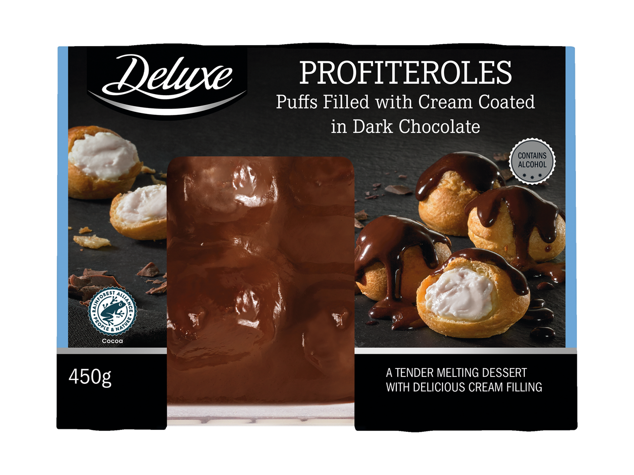 Deluxe profiterol: krémes töltelékkel, sötét csokoládéval bevont.