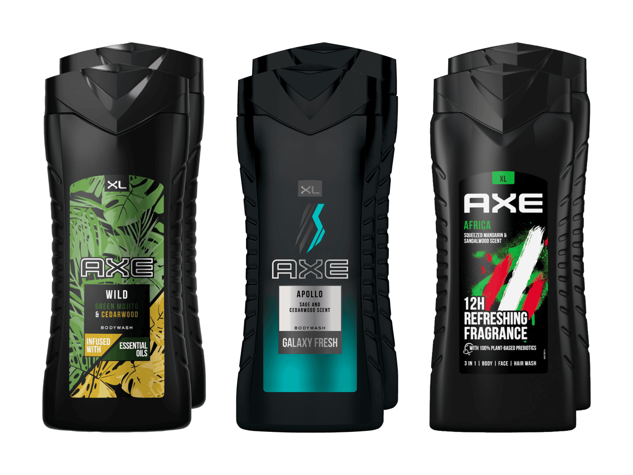 Trois ensembles de gels douche Axe, incluant les variantes Wild, Apollo et Africa.
