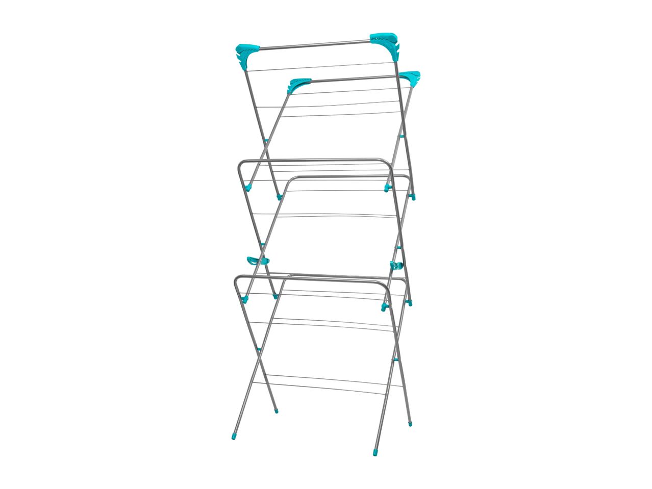 Three-tier clothes drying rack with turquoise accents on a white background.