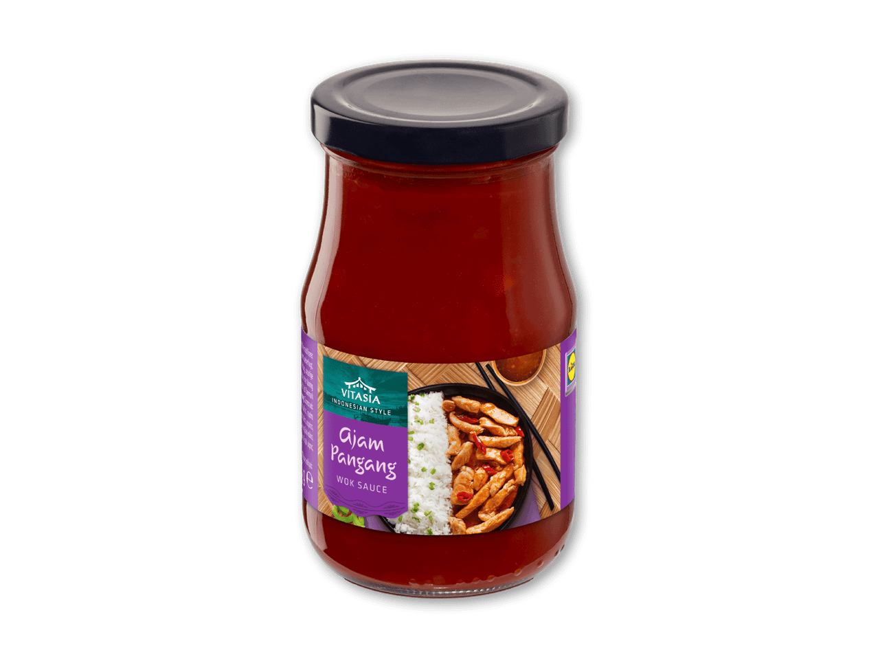Glasflaske med rød wok sauce, mærket med 'Ajam Pangang' og et billede af en ret med ris og kylling.