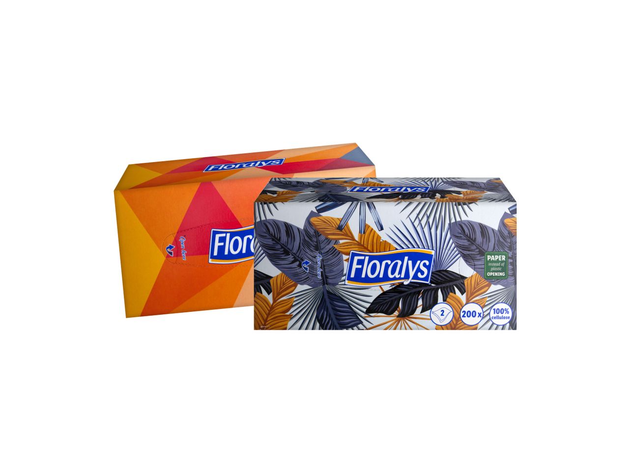 Dve kutije maramica Fluffy, jedna narandžasta, druga sa sivim i belim dezenom.