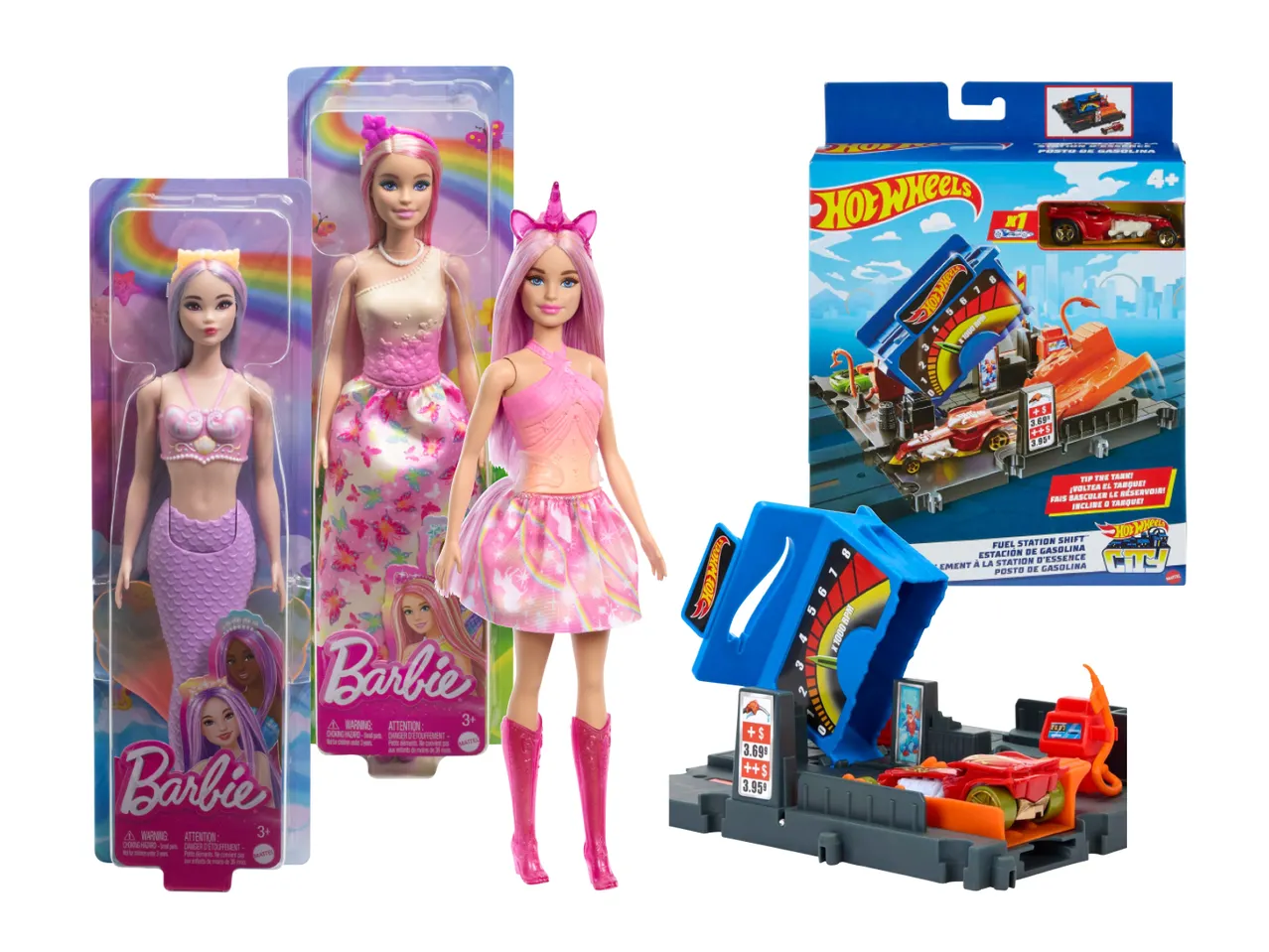 Barbie Puppen und Hot Wheels Tankstellenset.