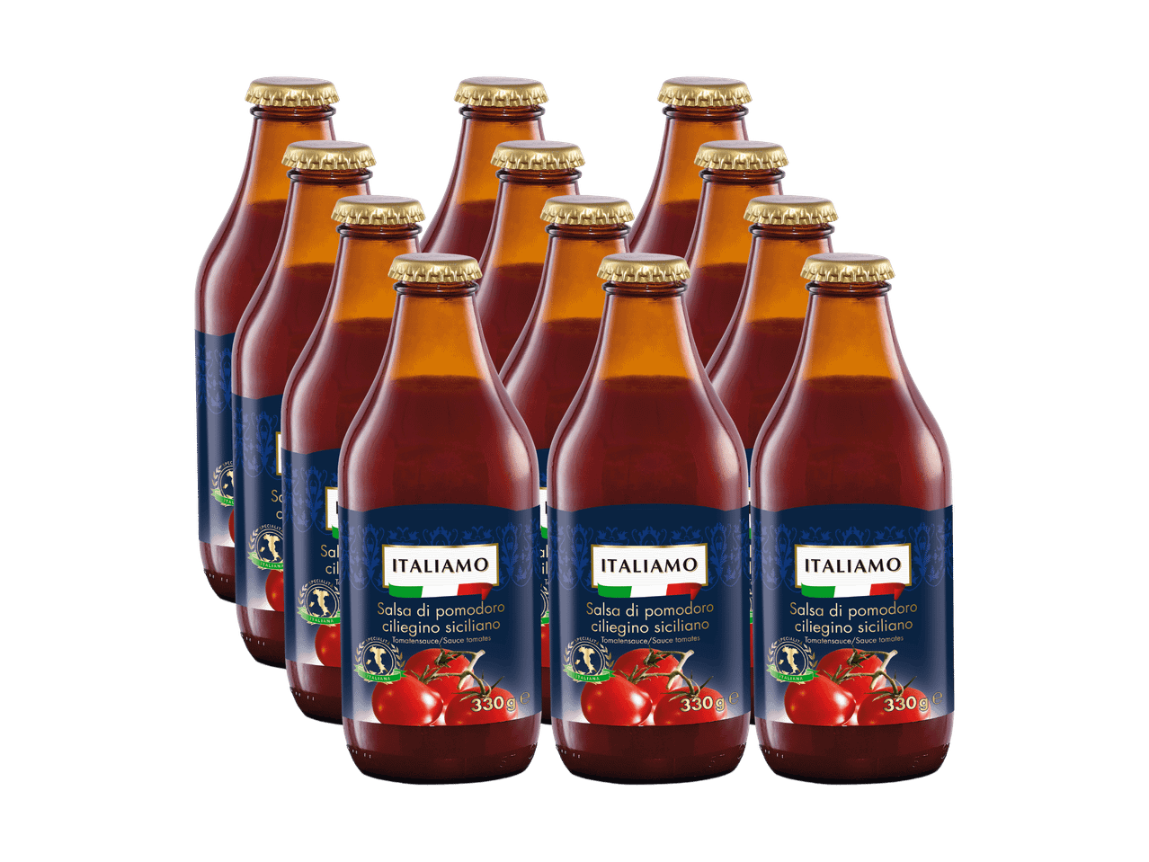 Flaschen sizilianischer Kirschtomatensoße, mit Tomaten auf dem Etikett.