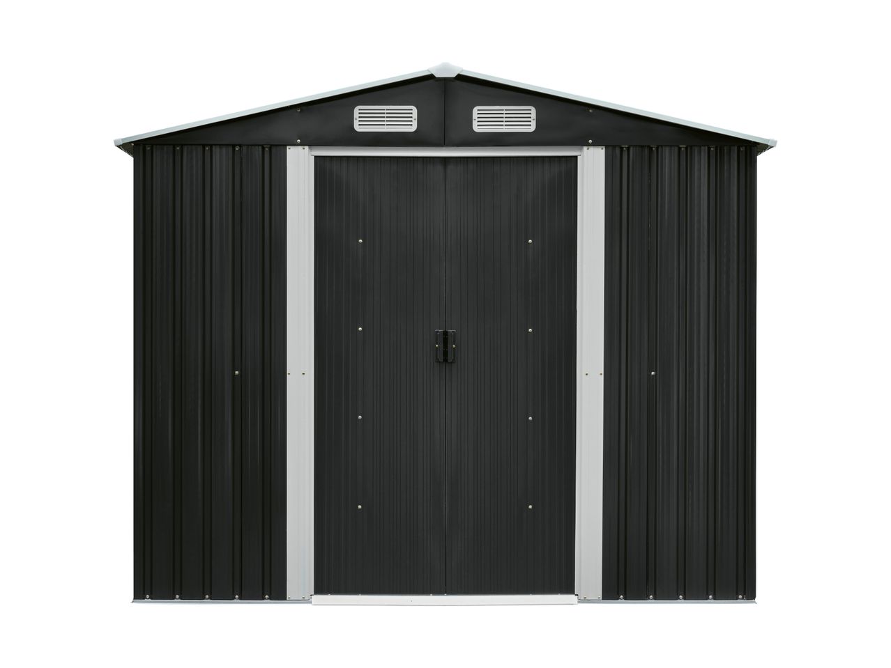 Dark grey metal garden shed with a double door and two vents
