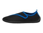 Black and blue water shoes with a textured sole and pull tab.