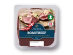 Pakke med skiver af roastbeef, mærket 'Pålægs Slagteren Roastbeef' og 'Danish Produceret'.