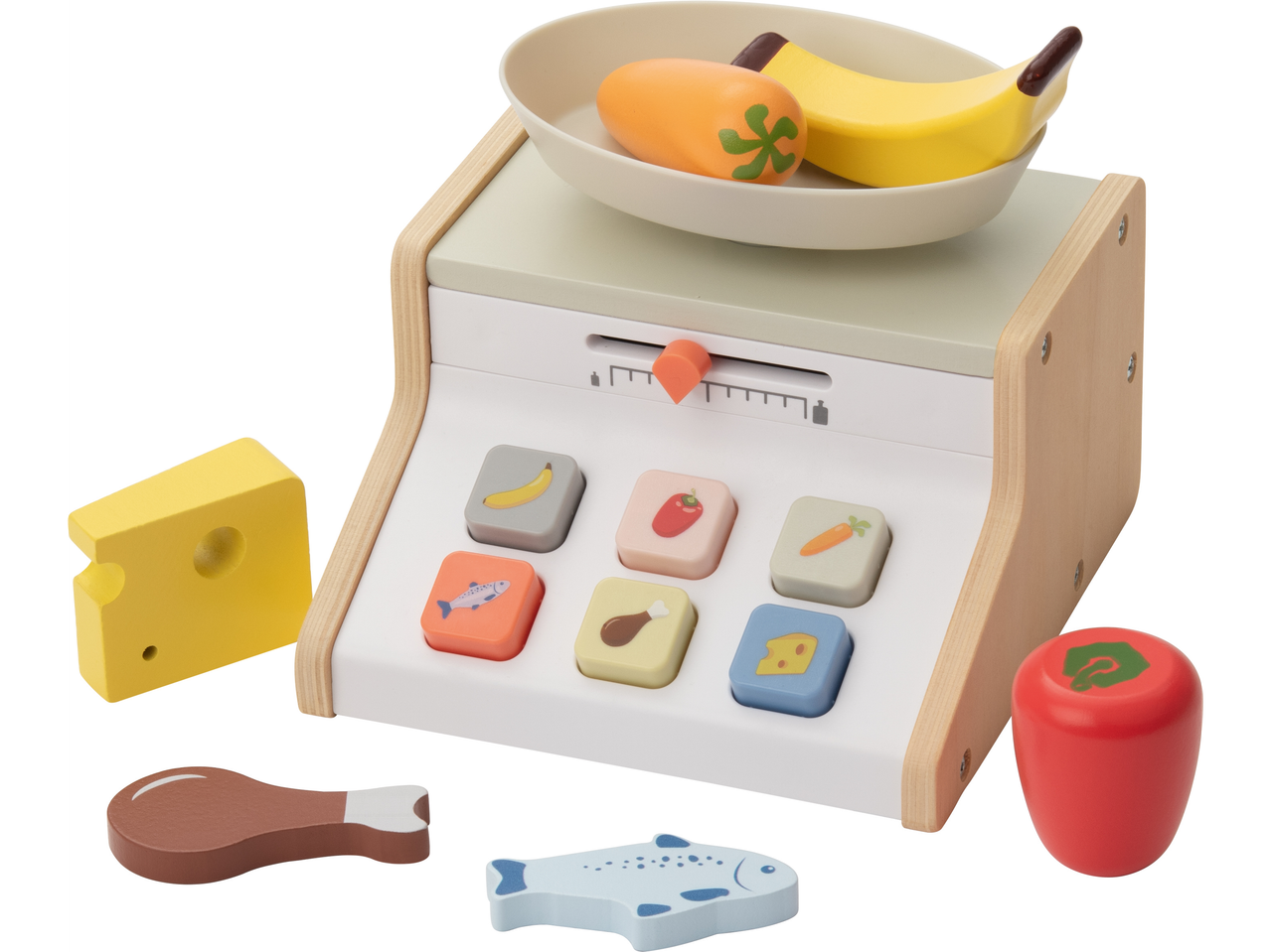 Mediniai žaisliniai svarstyklės su vaisiais, daržovėmis ir maisto produktais.