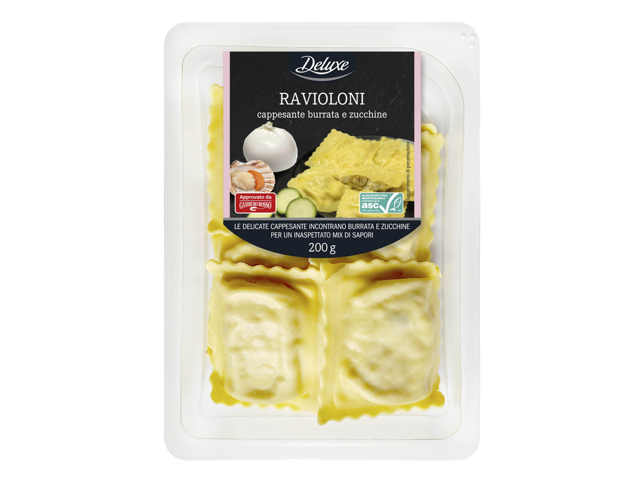 Ravioloni con capesante, zucchine e burrata