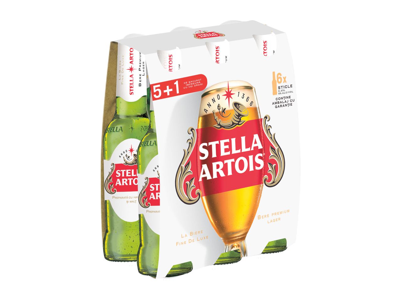 Ambalaj cu 6 sticle de bere Stella Artois, promoție 5+1.