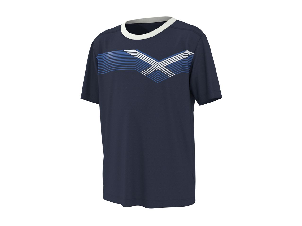 Navy blue t-shirt with a white and blue striped V-shaped pattern on the chest