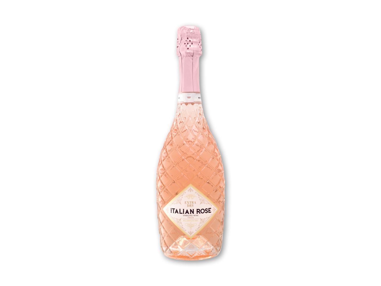 En flaske lyserød mousserende vin med en mønstret flaske og en etiket, der siger 'Extra Dry Italian Rosé'.