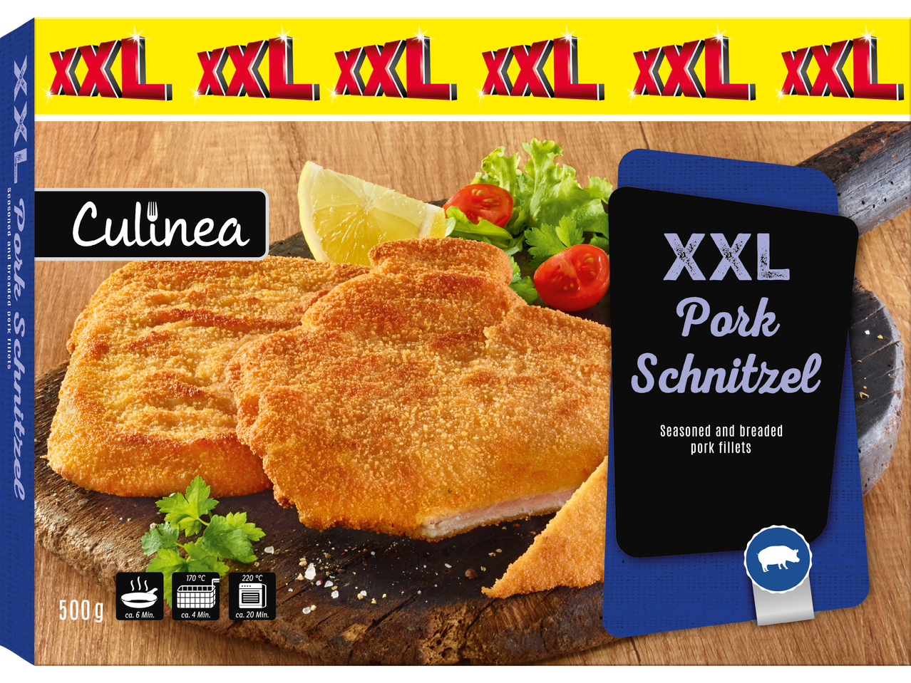 XXL Culinea fläschnitzlar: Kryddade och panerade fläskfiléer.