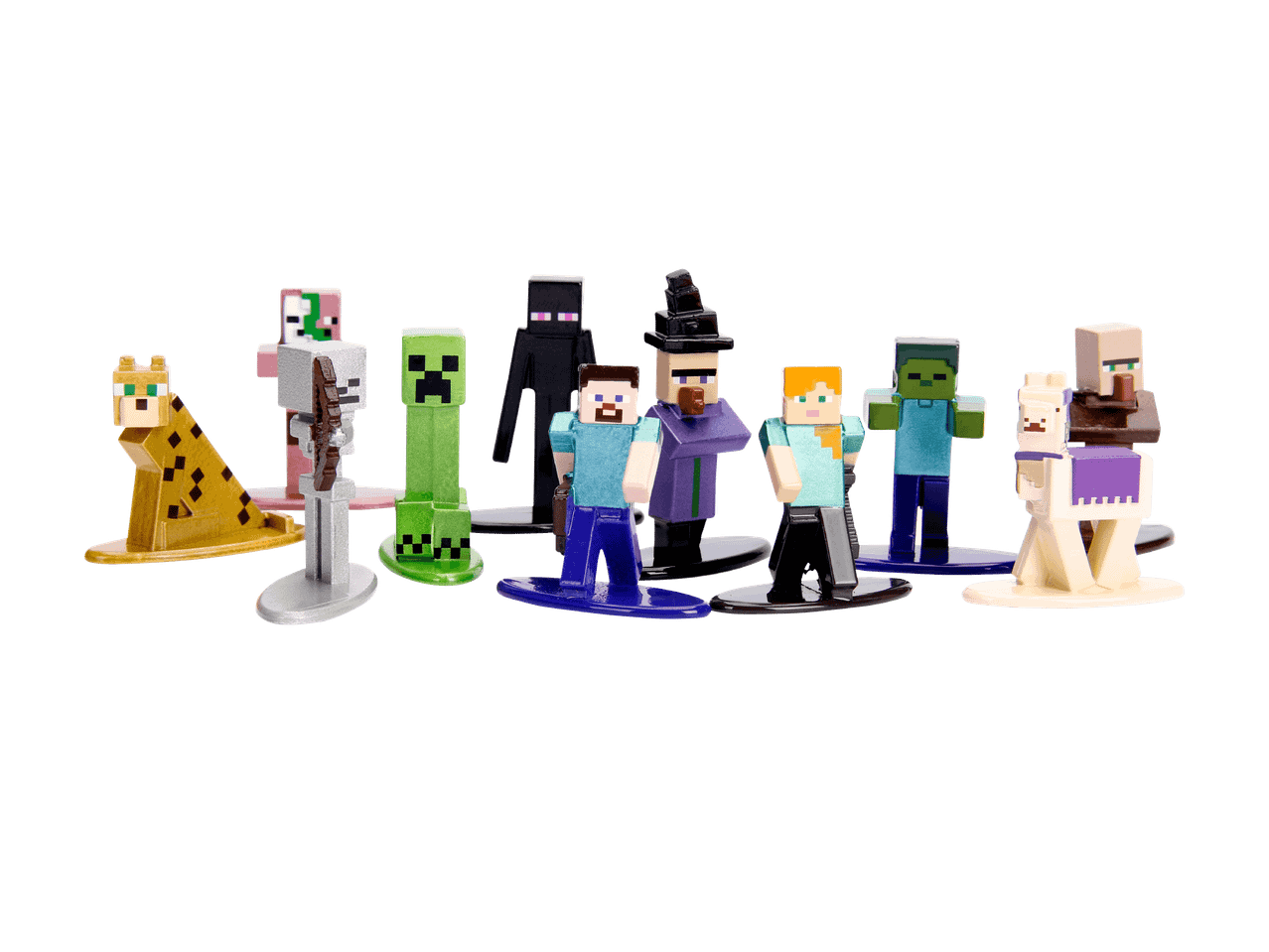 Un groupe de figurines Minecraft, dont un ocelot, un Creeper, un Enderman et divers personnages.