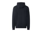 Back view of a men's black hoodie with ribbed cuffs and hem.