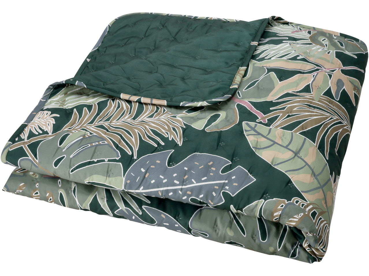 Cuvertură LIVARNO cu model de frunze tropicale în tonuri de verde și bej.