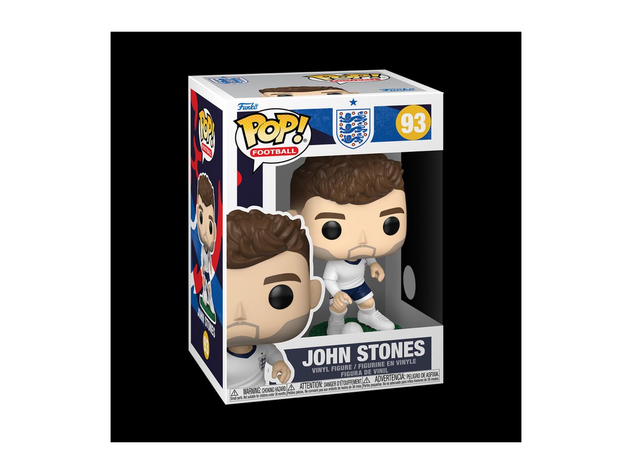 Football player collectible figure in a box, featuring John Stones.