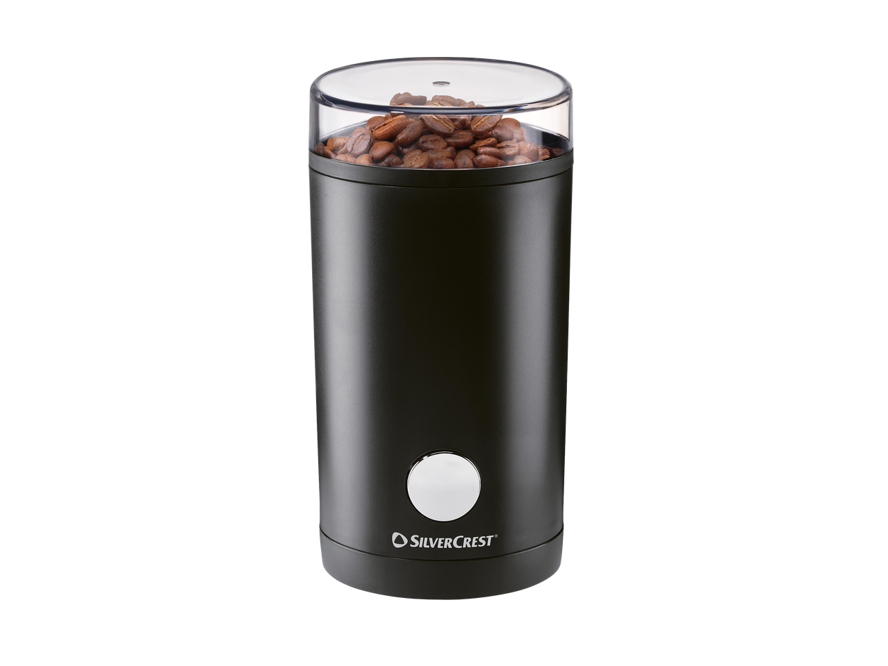 Fekete kávédaráló kávészemekkel, átlátszó fedéllel és ezüst gombbal.