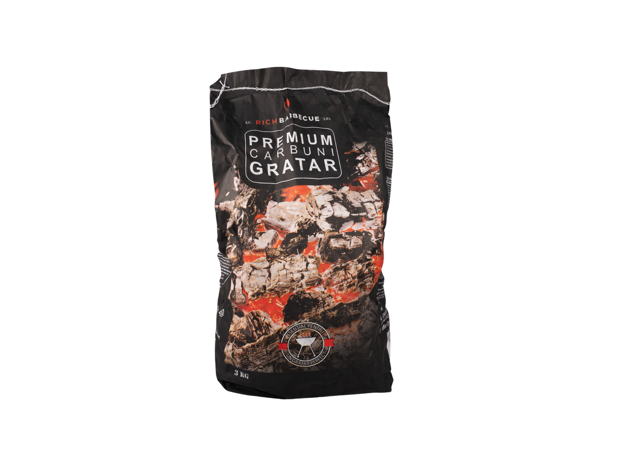 O pungă de 3 kg de cărbune premium Rich Barbecue pentru grătar.