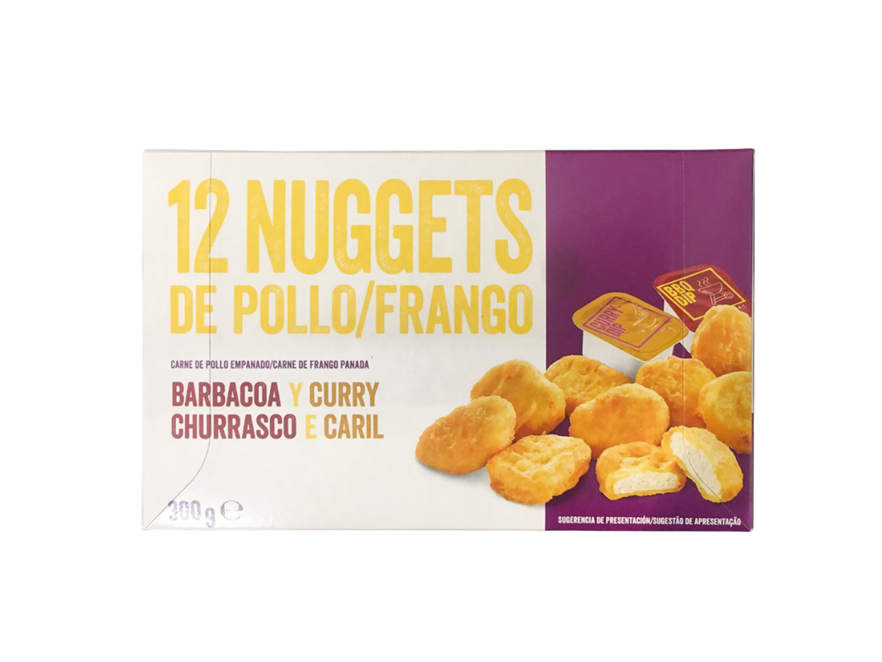 Caixa de 12 nuggets de frango com molhos barbecue e curry.