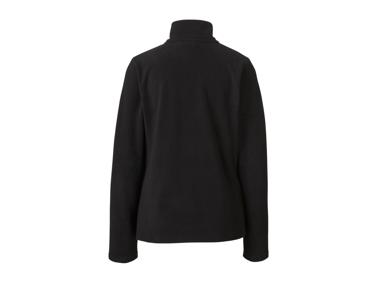 Back view of a women's black fleece jacket with a high collar.