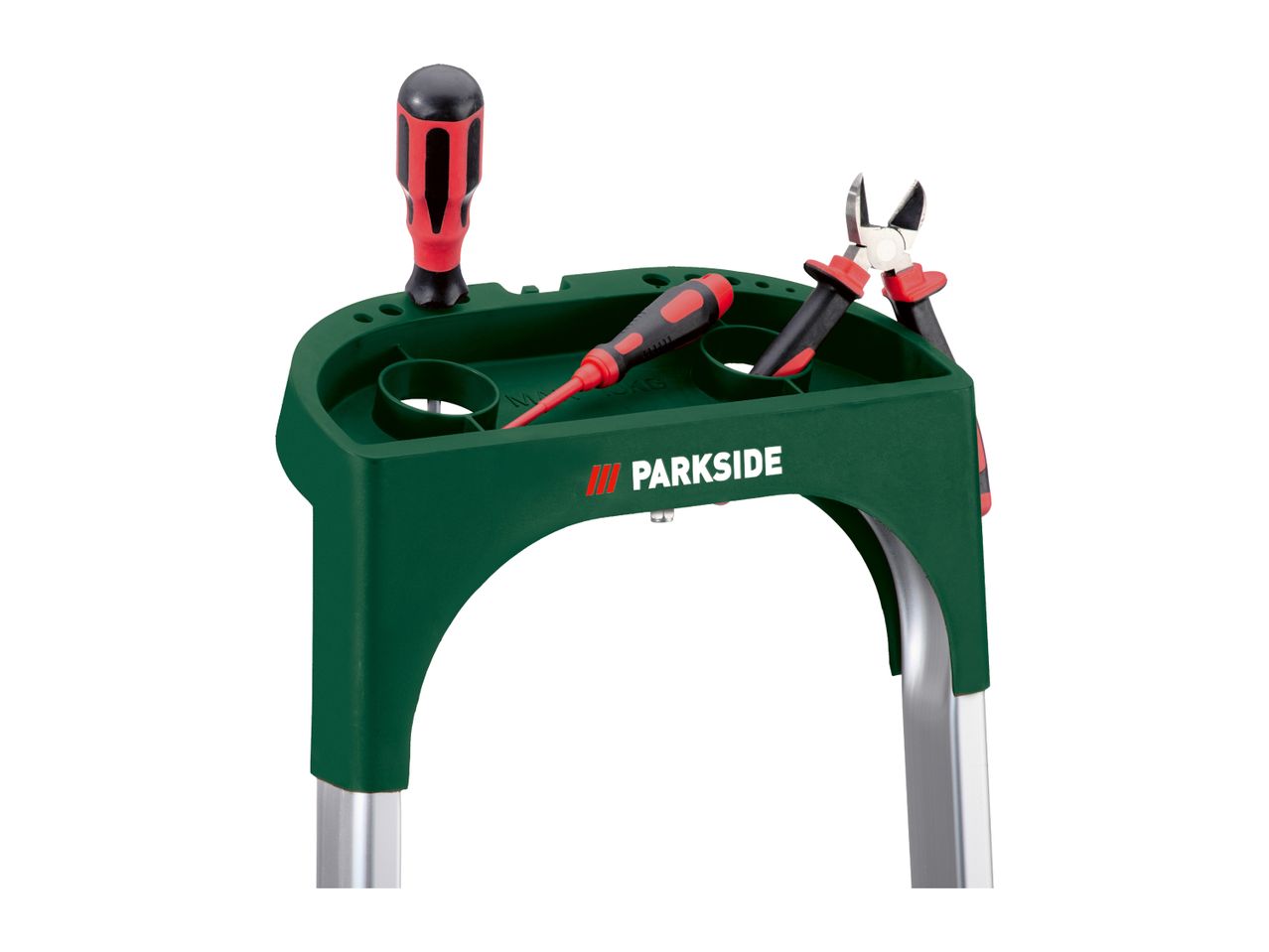 Green tool tray with screwdrivers and pliers, branded Parkside.