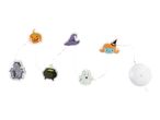 Halloween string lights featuring a pumpkin, haunted house, witch's hat, cauldron, ghost, and witch girl.