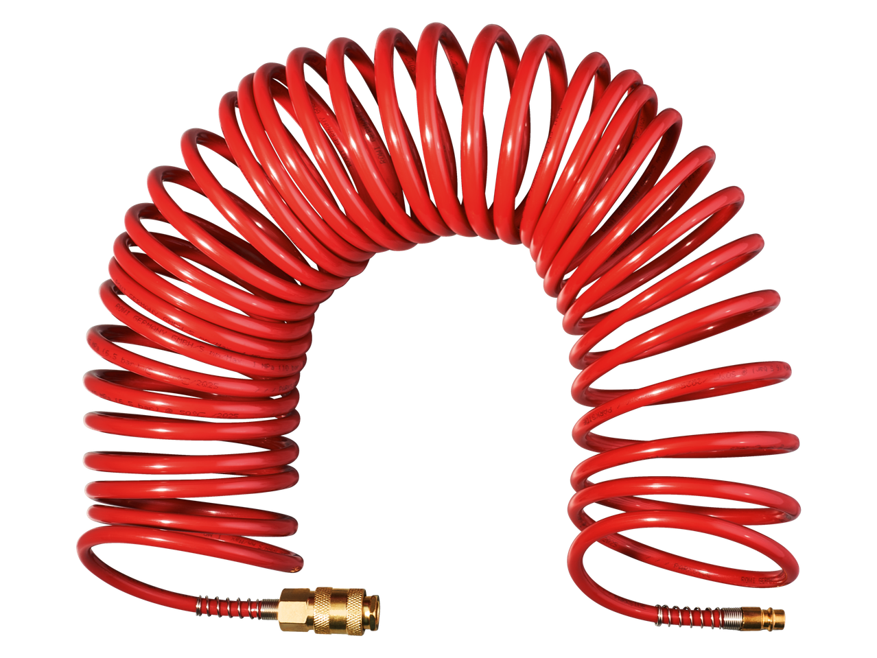 Piros spirális PARKSIDE sűrített levegő tömlő sárgaréz csatlakozókkal.