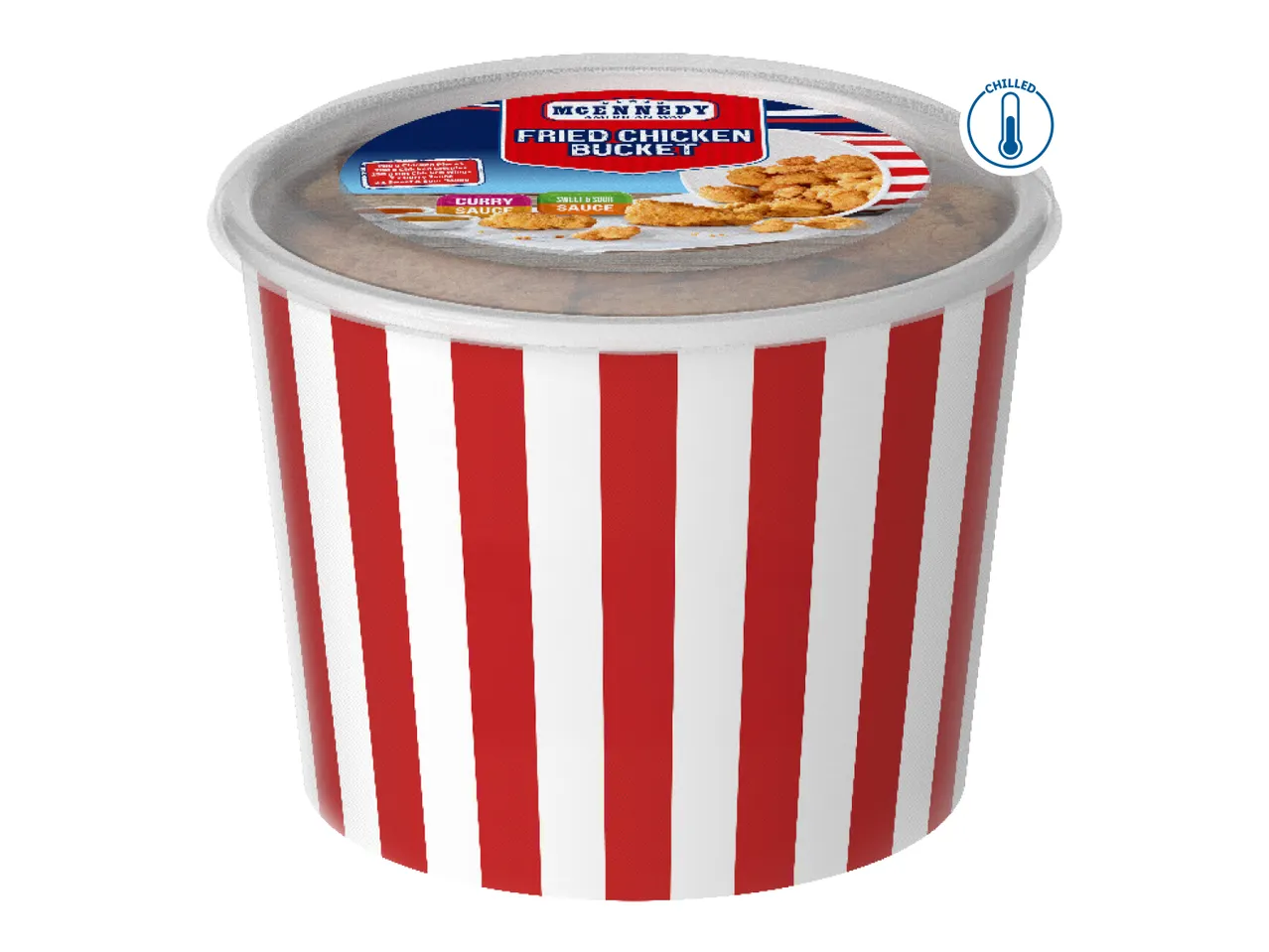 McKennedy Fried Chicken Bucket with curry and sweet & sour sauce, chilled.