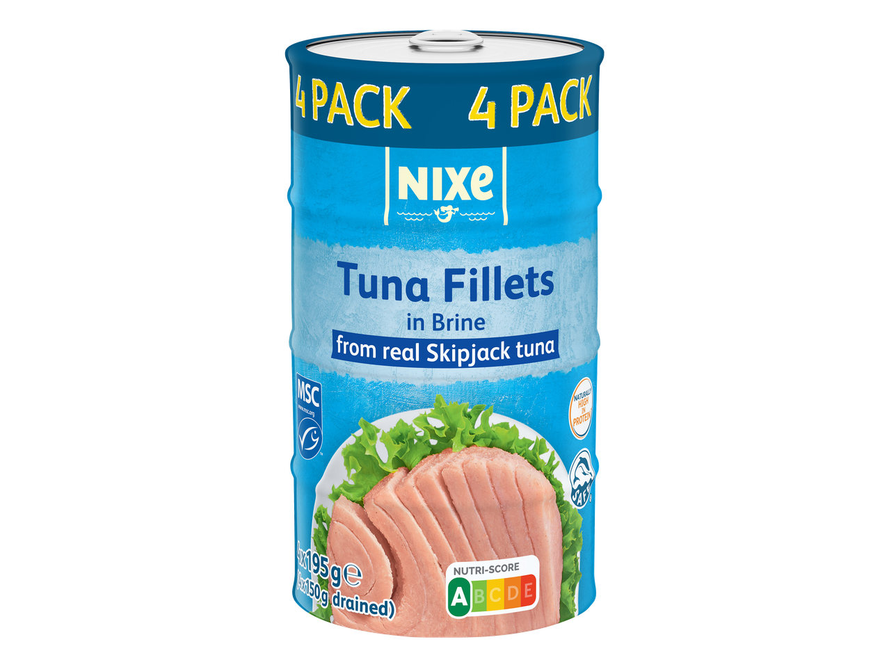 Boîte de 4 filets de thon listao en saumure, avec Nutri-Score A et riche en protéines.