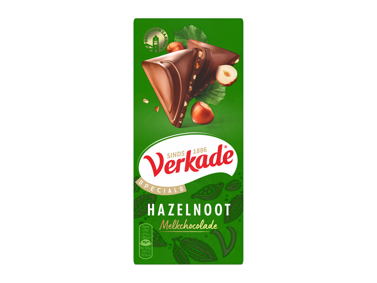 Groene verpakking met melkchocolade en hazelnoten, met voedingswaarden.
