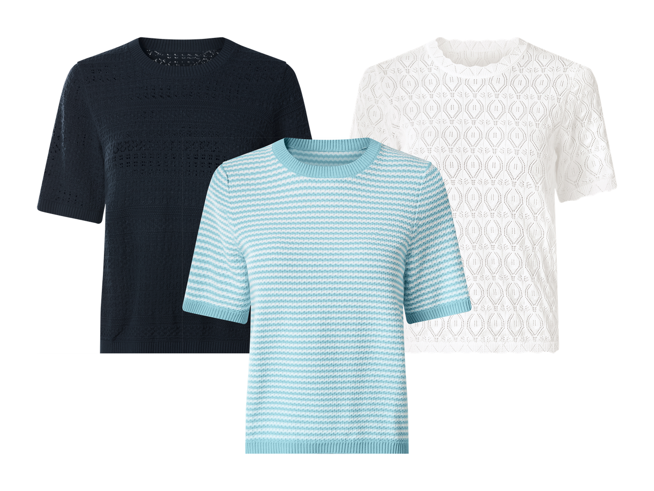 Tri ženske pletene majice kratkih rukava: tamnoplava, bijela i svijetloplava s bijelim prugama.